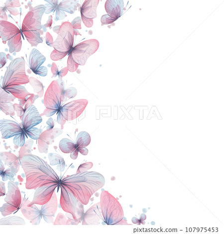 Butterflies are pink, blue, lilac, flying, delicate with wings and splashes of paint. Hand drawn watercolor illustration. Frame, template on a white background, for design Butterflies are pink, blue, lilac, flying, delicate with wings and splashes of paint. Hand drawn watercolor illustration. Frame, template on a white background, for design 107975453