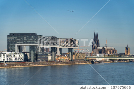 view of the Rhine River in Cologne near the Kranhaus view of the Rhine River in Cologne near the Kranhaus 107975666
