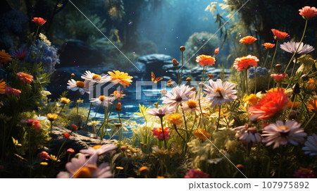 Beautiful secret garden and colorful greenery. Digital painting background 107975892