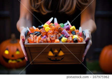 Children Trick Or Treating with Jack-O-Lantern Candy Buckets on Halloween Children Trick Or Treating with Jack-O-Lantern Candy Buckets on Halloween 107975962