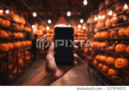 Hand holding smartphone blank white screen on the background of hallaween. Generative AI 107976035