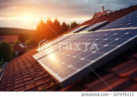 Close-up of solar panels on the roof of a house, Generative AI 107976113