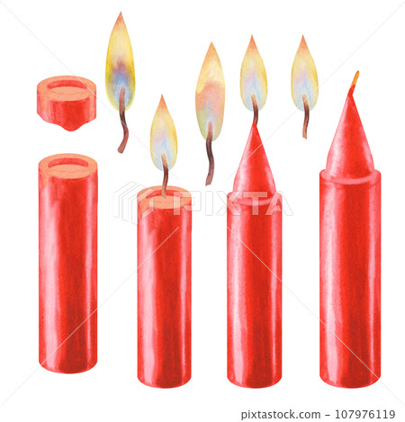 Watercolor red Christmas candles with flame and candle light. Watercolor red Christmas candles with flame and candle light. 107976119