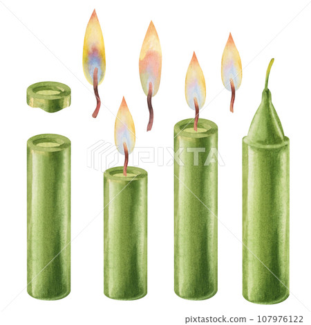Watercolor green Christmas candles with flame and candle light. 107976122