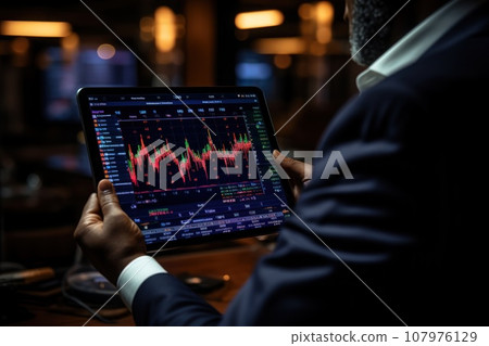 Close up of a trader's hand executing trades on a tablet with market analysis. Generative AI 107976129