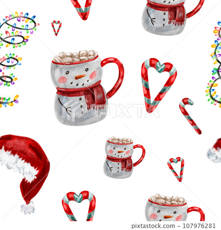 Watercolor pattern of traditional Christmas candies with hot cocoa and marshmallows in a snowman mug, garland, holiday lights, santa hat Watercolor pattern of traditional Christmas candies with hot cocoa and marshmallows in a snowman mug, garland, holiday lights, santa hat 107976281
