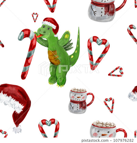 Watercolor pattern with cute dragon in red Santa hat with Christmas sweets, pie, star, cocoa with marshmallows in snowman mug, Christmas star Watercolor pattern with cute dragon in red Santa hat with Christmas sweets, pie, star, cocoa with marshmallows in snowman mug, Christmas star 107976282