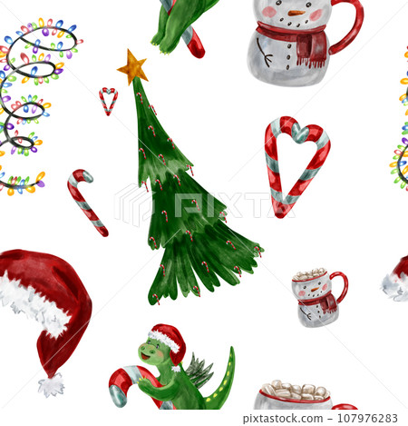 Watercolor pattern of a cartoon cute dragon with Christmas candies, lights, star, yokakao with marshmallows in a snowman mug 107976283