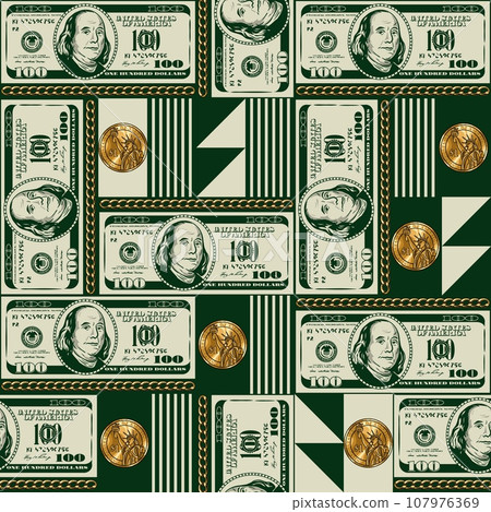 Geometric pattern with 100 dollar bills, coins Geometric pattern with 100 dollar bills, coins 107976369