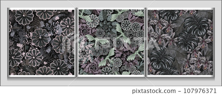 Seamless gray camouflage patterns with nature elements. Floral motifs with leaves, flowers, butterfly, abstract shapes. For apparel, fabric, textile, sport good design. Not AI Seamless gray camouflage patterns with nature elements. Floral motifs with leaves, flowers, butterfly, abstract shapes. For apparel, fabric, textile, sport good design. Not AI 107976371