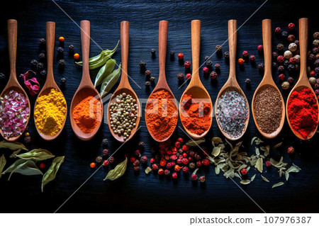 Various spices and herbs in wooden spoons on a dark table. 107976387