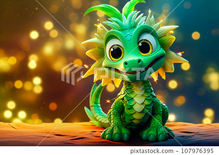 Cute little cartoon green dragon on a Christmas background. Copyspace Cute little cartoon green dragon on a Christmas background. Copyspace 107976395