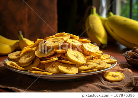 Banana chips close-up in a plate with bananas in the background. Banana chips close-up in a plate with bananas in the background. 107976396