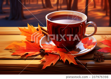 Cup of tea and autumn leaves on a wooden table. Copyspace 107976398