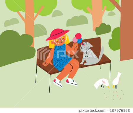 Children illustration of the little girl seating in the park and eating ice cream. Child in the park. Children activity book illustration. Children playing in the park. Vector illustration 107976538