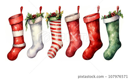 Watercolor Christmas socks. Christmas socks with holly and berries on white background.  107976571