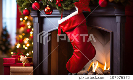 Satin Christmas sock close-up. Beautiful decorated fireplace and Christmas tree in the house.  107976573