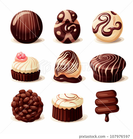 Glazed candies on a white background. Chocolate candies set. Illustration of chocolate candies. Glazed candies on a white background. Chocolate candies set. Illustration of chocolate candies. 107976597