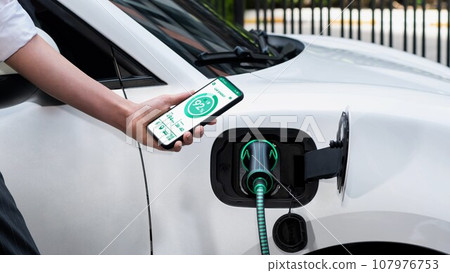 Smartphone display battery status interface by smart EV app. Peruse Smartphone display battery status interface by smart EV app. Peruse 107976753