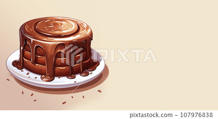 Chocolate sponge cake with chocolate ganache. Cartoon cake, illustration on a brown background. Chocolate sponge cake with chocolate ganache. Cartoon cake, illustration on a brown background. 107976838