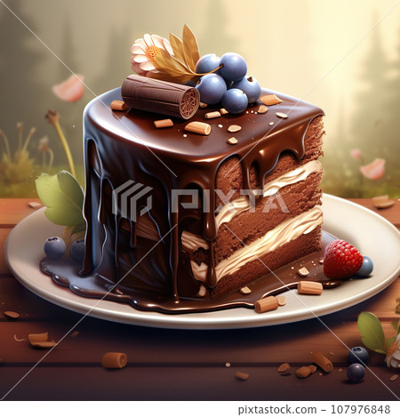 Piece of chocolate cake on white plate with cream and blueberries on top. 107976848