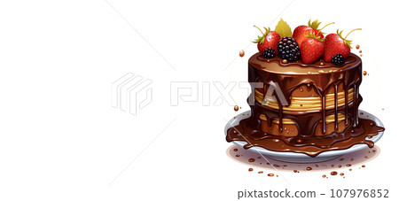 Chocolate dessert with berries isolated on a white background. Illustration of chocolate cake in cartoon style. 107976852