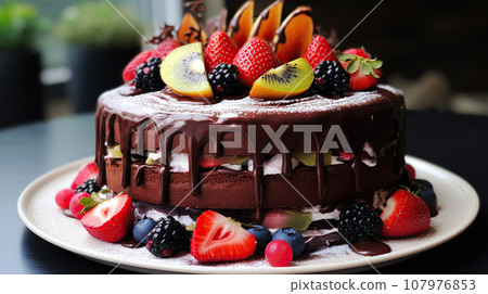 Chocolate cake with berries close-up on a blurred kitchen background. Birthday cake. 107976853