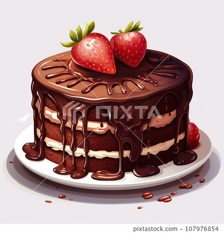 Cartoon-style chocolate cake illustration with two strawberries on top. Illustration for birthday party. 107976854