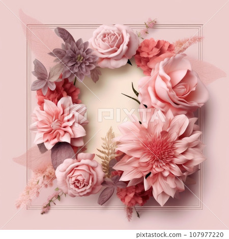 Piones flowers pink square frame. Generative AI weber. 107977220