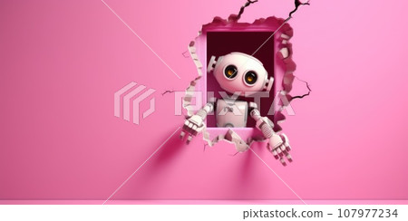 Cute Robot toy peeking out of a hole in wall, torn hole, empty copy space frame, mockup. Generative AI weber. 107977234
