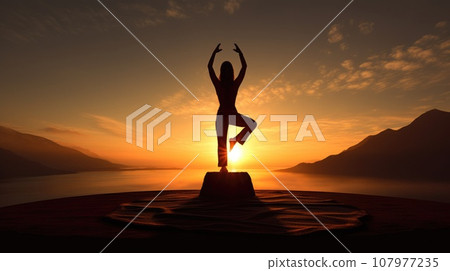 Woman Backlit in Yoga Pose in calm sunrise Zen. Generative AI weber. 107977235