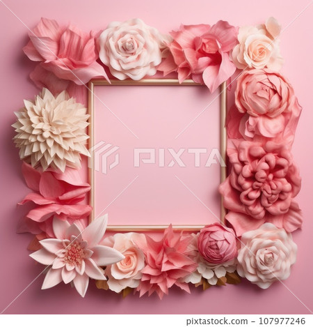 Piones flowers pink square frame. Generative AI weber. 107977246