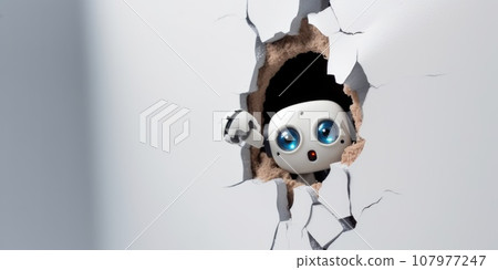 Cute Robot toy peeking out of a hole in wall, torn hole, empty copy space frame, mockup. Generative AI weber. 107977247