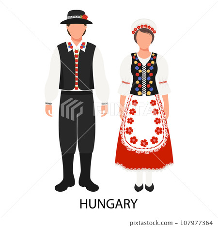 A man and a woman in Hungarian folk costumes. Culture and traditions of Hungary. Illustration, vector 107977364