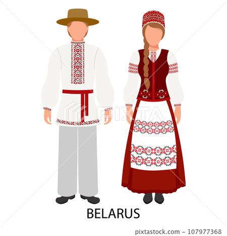 A man and a woman in Belarusian folk costumes. Culture and traditions of Belarus. Illustration, vector 107977368
