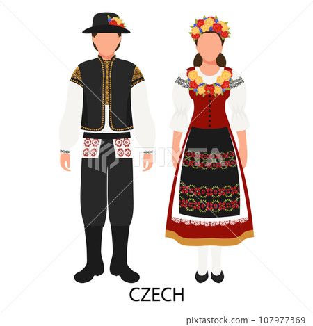 A man and a woman in Czech folk costumes. Culture and traditions of the Czech Republic. Illustration, vector 107977369