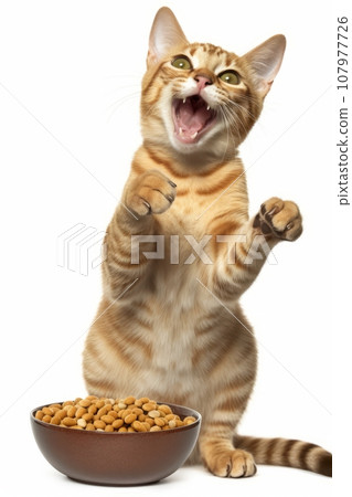 Funny happy ginger cat with big bowl of dry food Funny happy ginger cat with big bowl of dry food 107977726