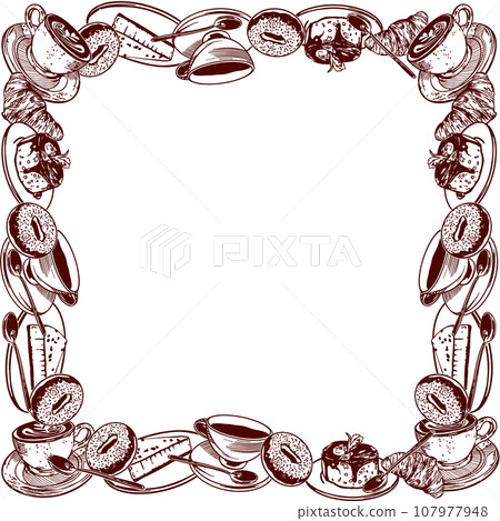 Cup of tea, cup of coffee, sweets pastry, spoon. Vector illustration of a square frame. Graphic. Menus of restaurants, cafes, snack bars, food labels. 107977948