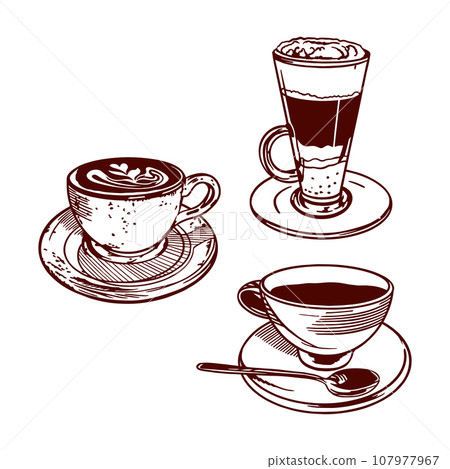 A cup of tea, a cup of coffee and a cup of iced glass. Vector illustration of food. Graphic. Menus of restaurants, cafes, food labels, covers, cards. 107977967