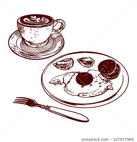 Coffee in a cup, scrambled eggs with sausage and tomatoes, fork. Vector illustration of breakfast. Menus of restaurants, cafes, food labels, covers. Coffee in a cup, scrambled eggs with sausage and tomatoes, fork. Vector illustration of breakfast. Menus of restaurants, cafes, food labels, covers. 107977968