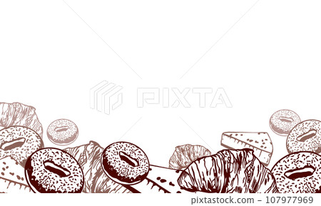 Donuts, croissants, cheesecake. Horizontal vector graphic background with sweets. Design element for menus of restaurants, cafes, food labels, covers. 107977969