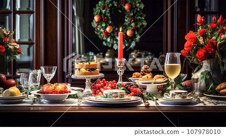 christmas table setting with holiday feast christmas table setting with holiday feast 107978010