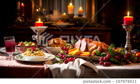 christmas table setting with holiday feast christmas table setting with holiday feast 107978011