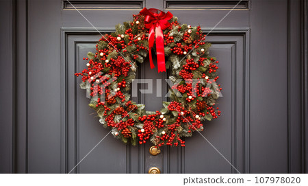 christmas wreath hanging on front door christmas wreath hanging on front door 107978020