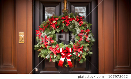 christmas wreath hanging on front door christmas wreath hanging on front door 107978022