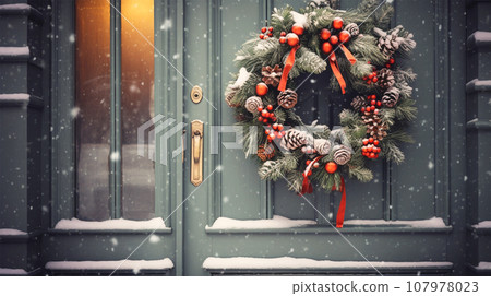 christmas wreath hanging on front door christmas wreath hanging on front door 107978023