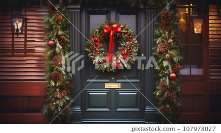 christmas wreath hanging on front door christmas wreath hanging on front door 107978027