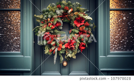christmas wreath hanging on front door christmas wreath hanging on front door 107978028