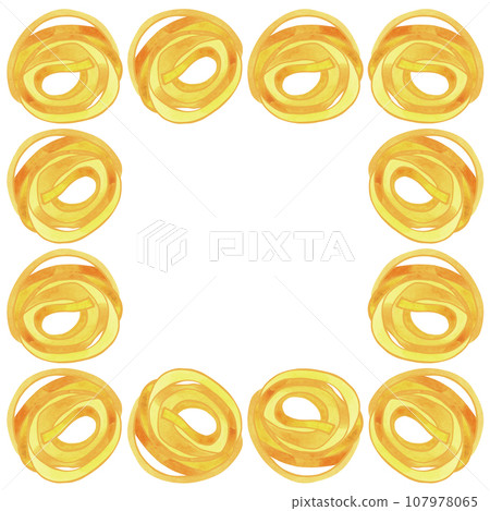 A square frame of different types of Italian pasta for designing menus, certificates and booklets, and advertising cafes. Isolated watercolor illustration. Clipart. 107978065