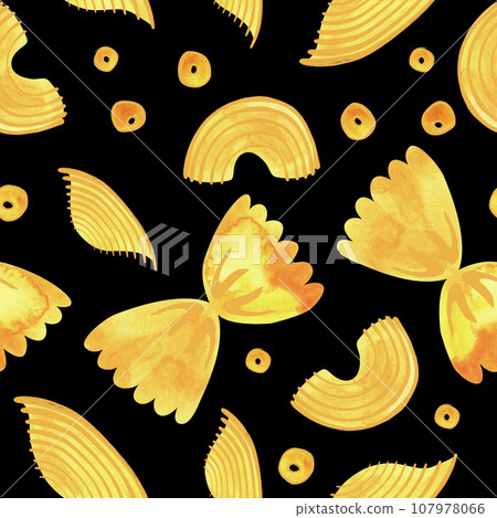 Seamless pattern with Italian pasta for the design of menus, wrapping paper, packaging for pasta, textiles in a cafe or restaurant, curtains, tablecloths, sofa upholstery. Watercolor illustration on a Seamless pattern with Italian pasta for the design of menus, wrapping paper, packaging for pasta, textiles in a cafe or restaurant, curtains, tablecloths, sofa upholstery. Watercolor illustration on a 107978066